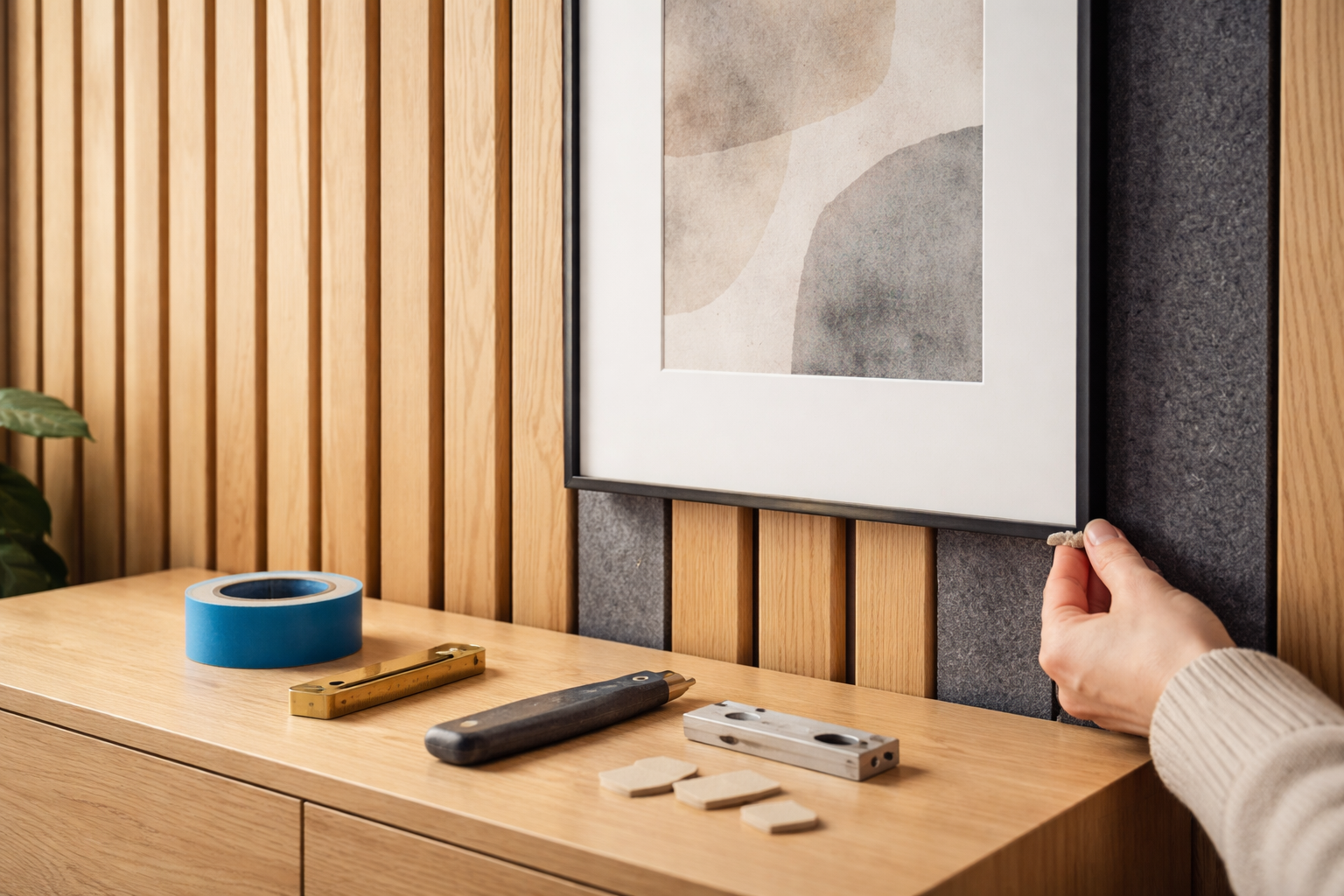 Billeder på akustikpaneler uden skrammer: mine 3 sikre ophæng (og sådan stopper du raslen)