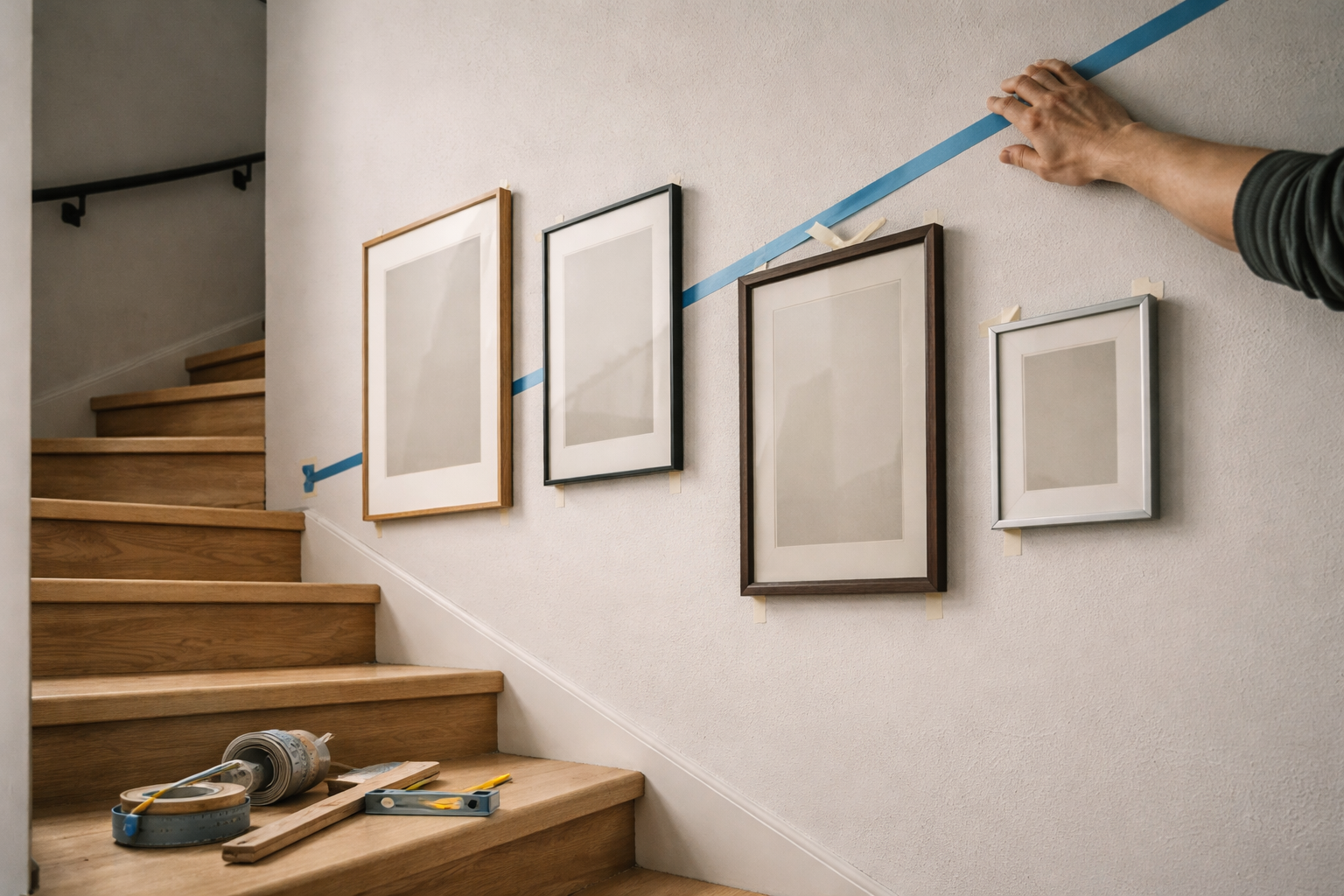 Billedvæg i trappeopgangen uden skæve nerver: min centerlinje-metode, der altid holder