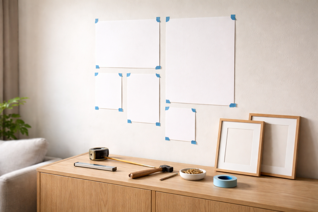Billedvæg uden panik: min 5-trins plan der giver ro, retning og lige kanter