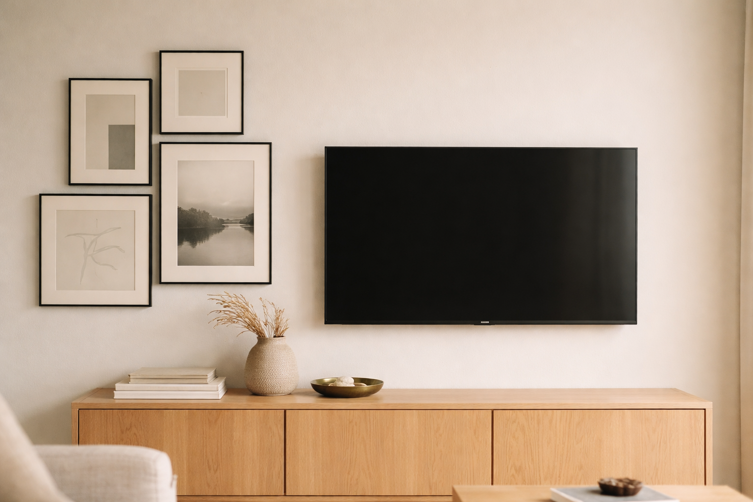 Den rolige TV-væg: sådan får du kunst og skærm til at spille sammen (med mål, luft og lys)