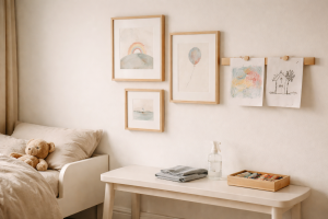 Den rolige væg på børneværelset: plakater, rammer og tegninger der kan tåle små hænder