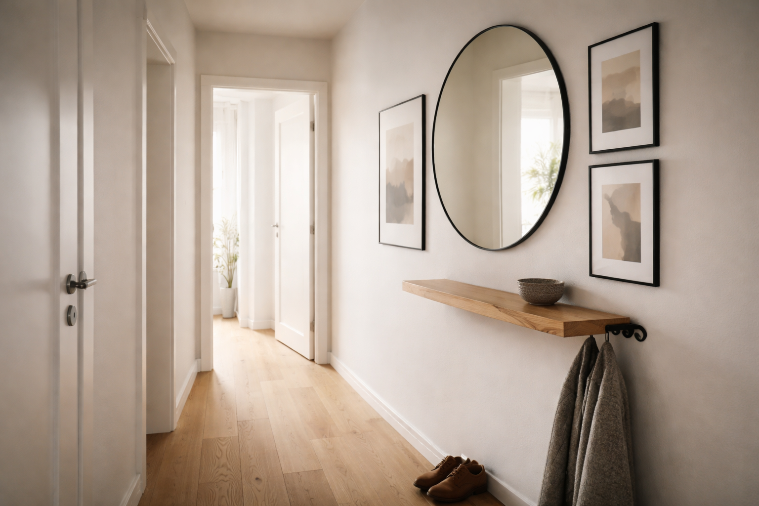 Den smalle entre, der føles som en velkomst: Billeder, spejle og 3 layouts der virker
