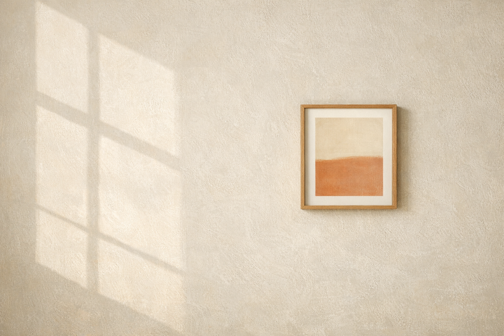 [light] Til mission/værdier: et symbolsk, roligt billede af lys og skygge på en struktureret væg med en enkel ramme—fokus på harmoni og enkelhed.