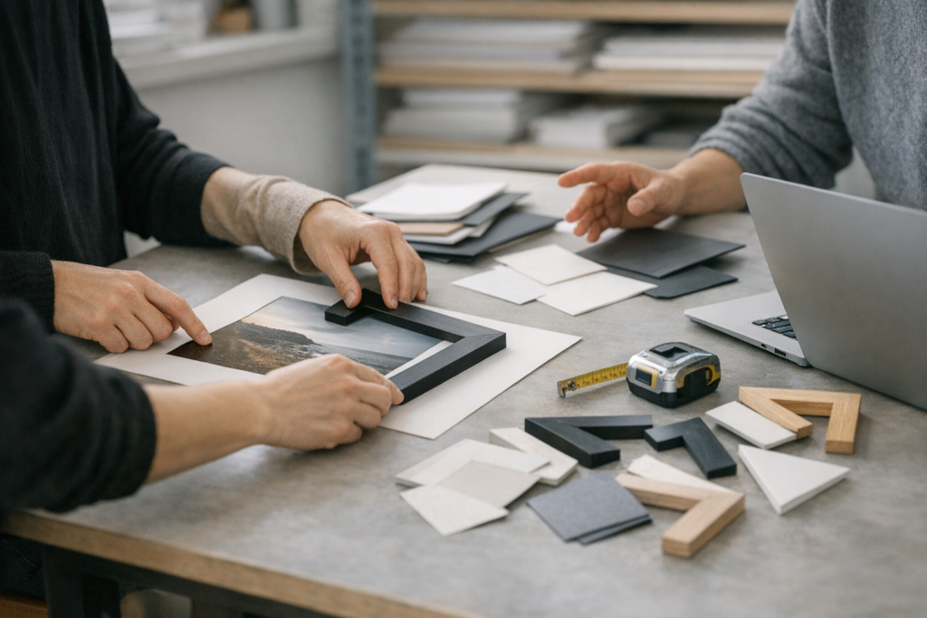 [light] Til “Om os”: et autentisk arbejdsøjeblik i et lyst kreativt studio, hvor et lille team planlægger en plakatvæg med prøver af rammer og materialer på bordet.