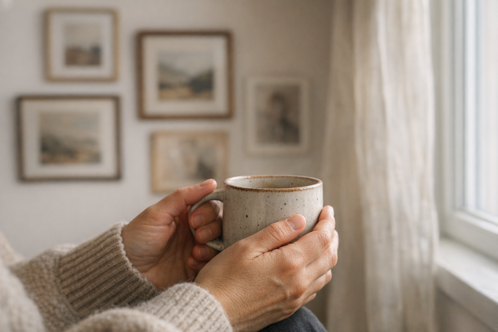 [light] Atmosfære/livsstil: en rolig morgen i et nordisk hjem med kaffe, bog og kunst på væggen—formidler personlighed, nærvær og enkel æstetik.