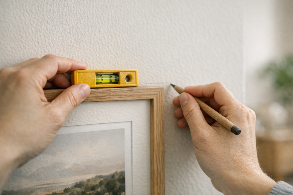 [light] Til service-sektion: procesbillede af ophængning—hænder der måler og markerer til en billedvæg med vaterpas og blyant på en lys væg.