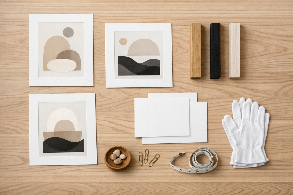 [light] Til service-sektion: styling og kuratering—et bord med udvalgte prints, passepartouter og rammer, klar til at blive sammensat til en plakatvæg.