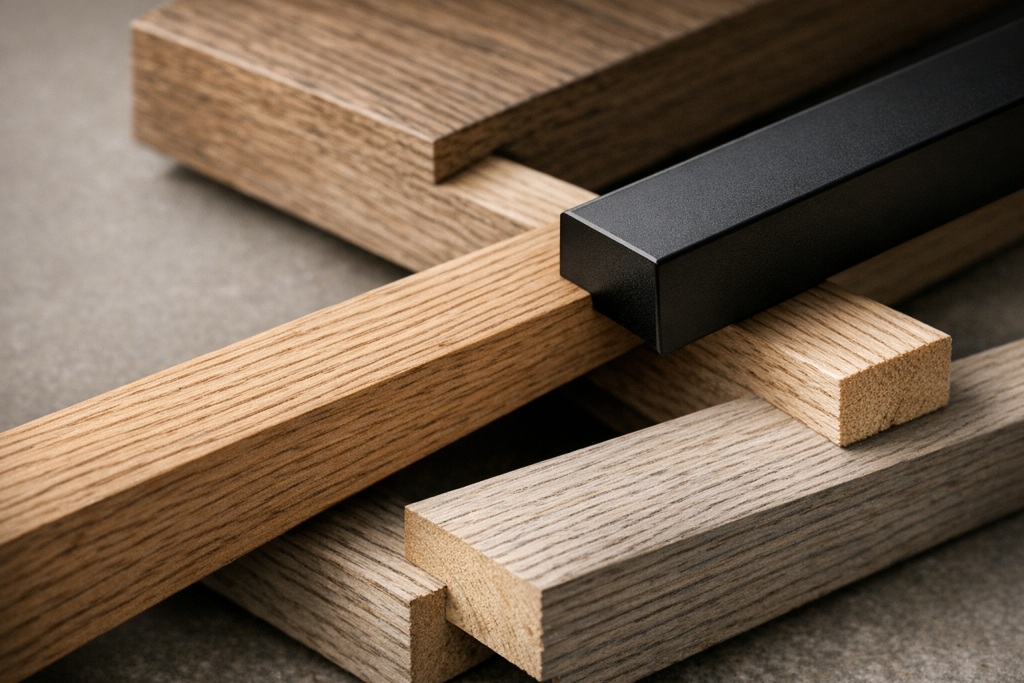 [light] Til service-sektion: materialer og kvalitet—nærbillede af rammeprofiler i træ og sort metal stablet roligt mod en neutral baggrund.