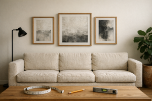 Få billedvæggen over sofaen til at sidde rigtigt: min sofa-til-væg-model med mål, luft og 3 sikre layouts