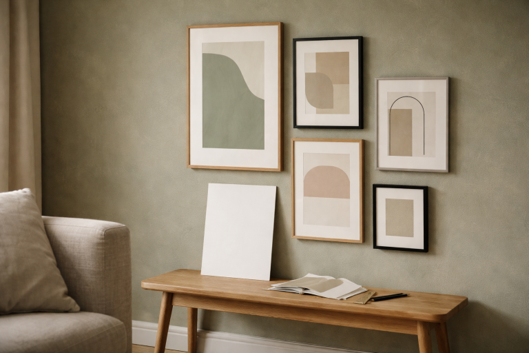 Farver til billedvæggen der giver ro: min farvebudget-metode (med paletter til hvid, greige, beige og støvet grøn)