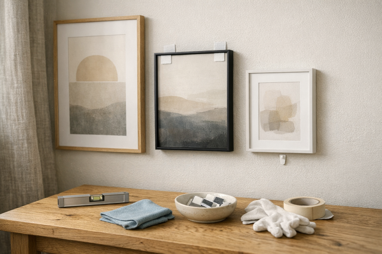 Hæng billeder op uden huller: min vægtype-guide til strips, klæbesøm og kloge kompromiser