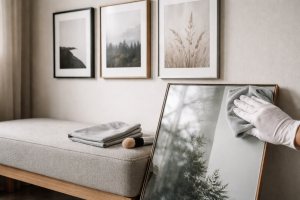 Klar glasflade, roligt udtryk: min sikre måde at rengøre billedrammer uden striber