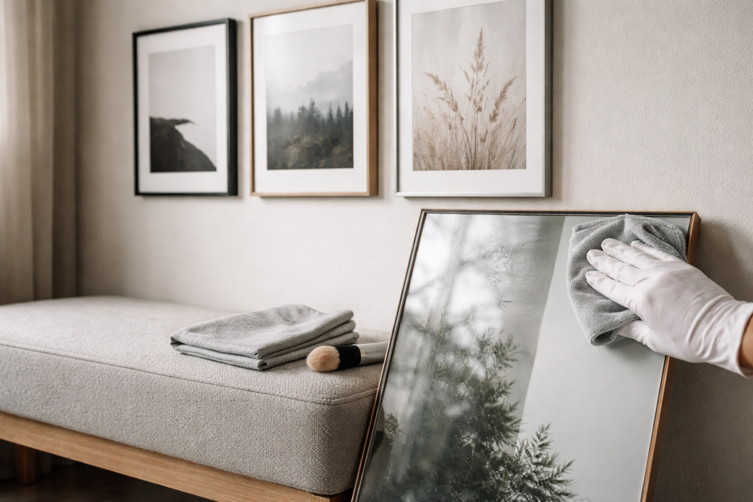 Klar glasflade, roligt udtryk: min sikre måde at rengøre billedrammer uden striber