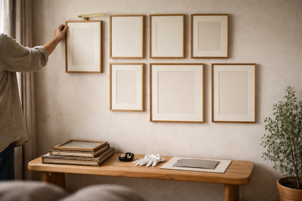 Loppemarkedsrammer uden larm: min ensartnings-protokol til en rolig billedvæg