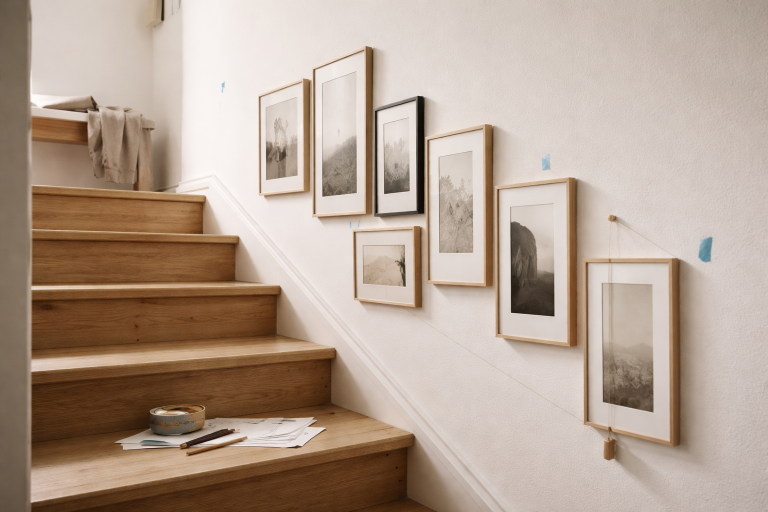 Trappevæggen, der faktisk hænger sammen: Min metode til en rolig billedvæg op ad trappen