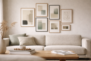 3 farver, én rolig væg: min sikre metode til en billedvæg med varme (uden farvekaos)