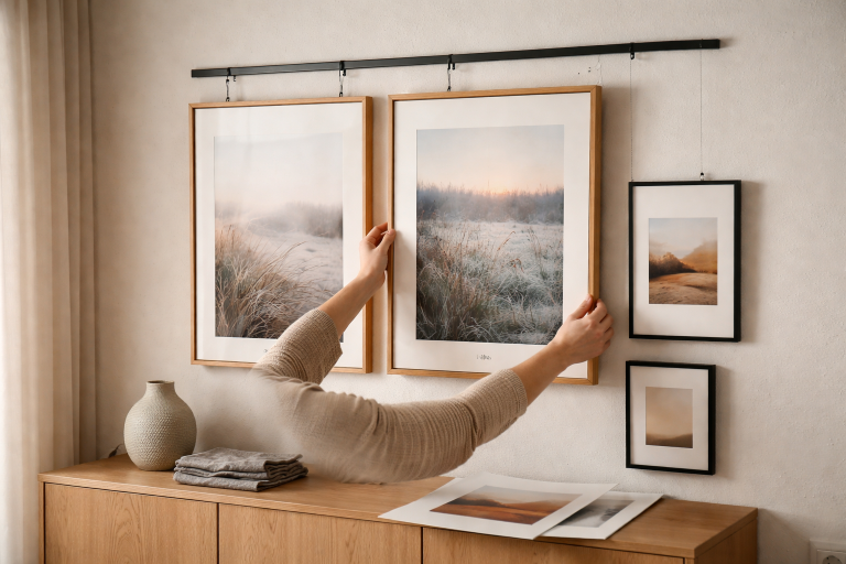 Billedvæg på skinner og faste moduler: min metode til at skifte ud hele året uden nye huller