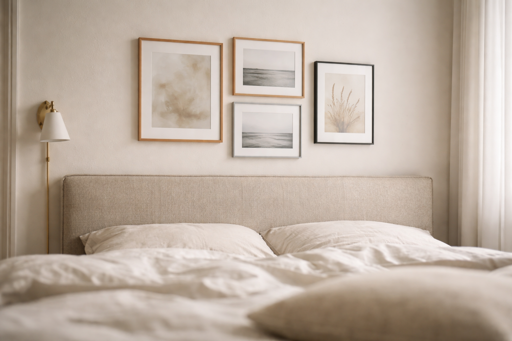 Ro på væggen ved sengegavlen: slip for genskin i rammerne