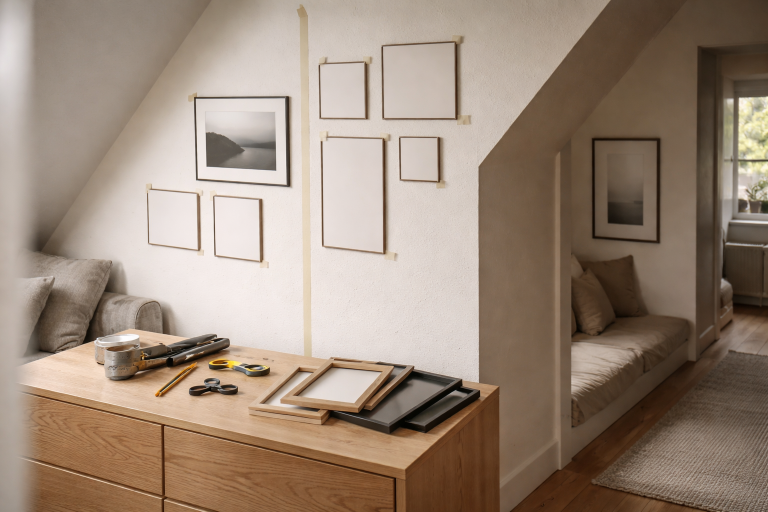 Skråvæg, hjørne eller alkove: sådan får du en billedvæg til at sidde roligt (selv i skæve rum)