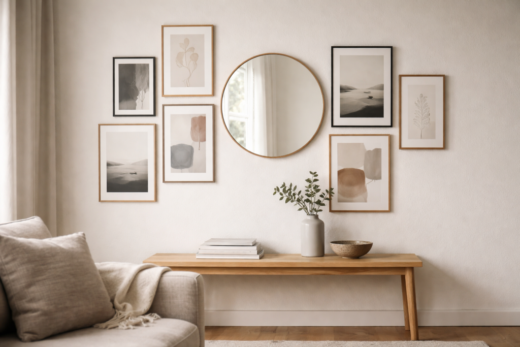 Spejlet som rolig pause i din billedvæg: 6 layouts der giver lys uden rod