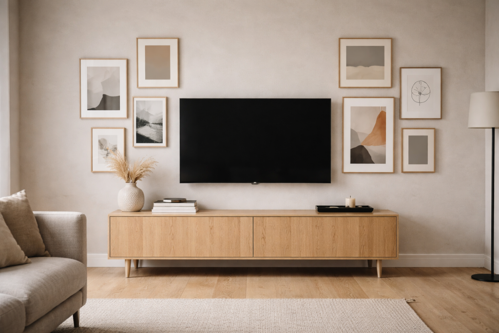Billedvæg omkring TV’et: 6 layout-regler til en rolig media wall