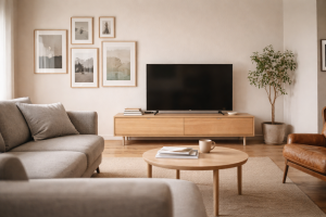 Indretning af stue: få vægge, sofa, TV og billedvæg til at hænge sammen