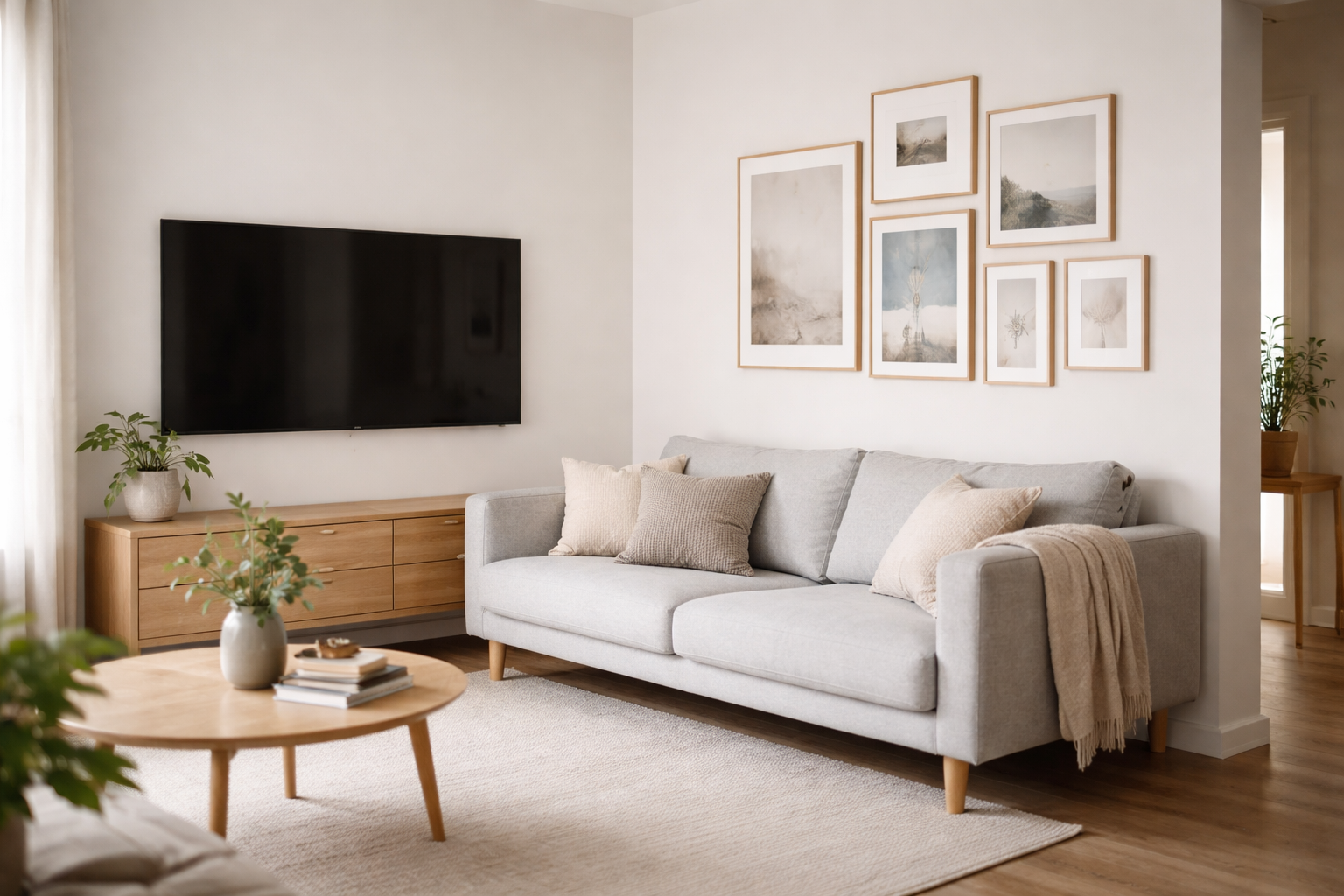 Placering af sofa i stuen: sådan får du billedvæg og TV-væg til at hænge sammen